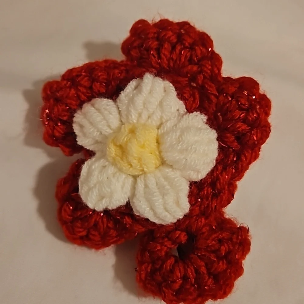 Hand Crafted Hand Knit Crochet Red White yellow puffy flower TikTok fashion bow